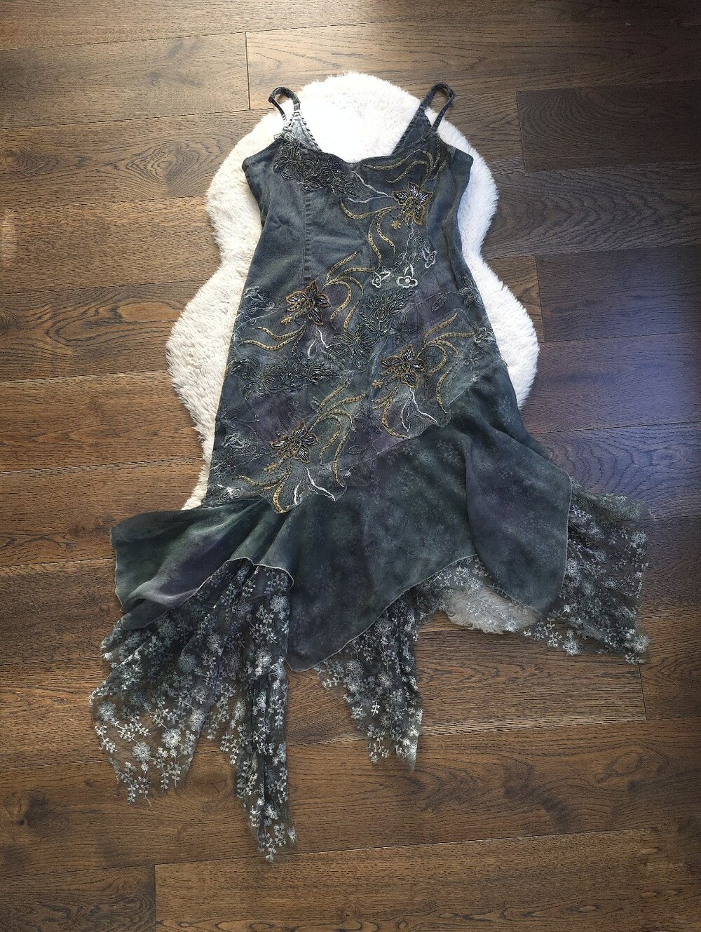 Y2K Ghostly Whimsygoth Lace Beaded Fairy Midi Dress